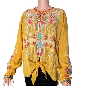 Johnny Was XXL Mustard Yellow Embroidered Cupra Rayon Tie-Front Blouse Boho